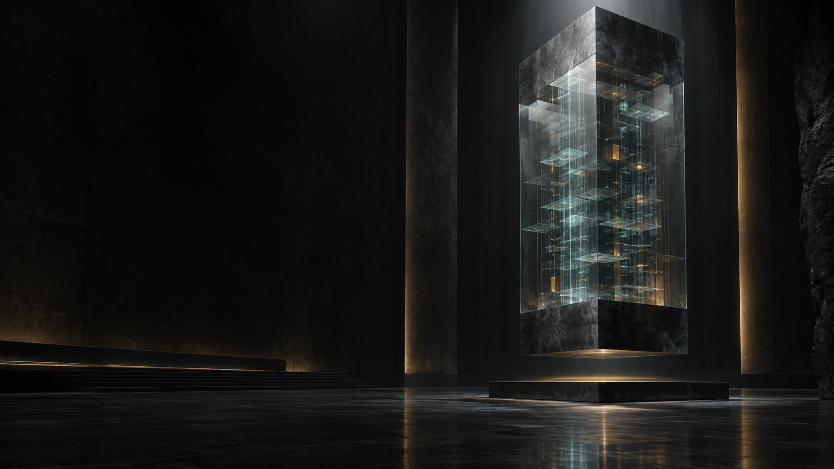 A glass archival volume holding illuminated layers, representing durable institutional memory in Ownstate.